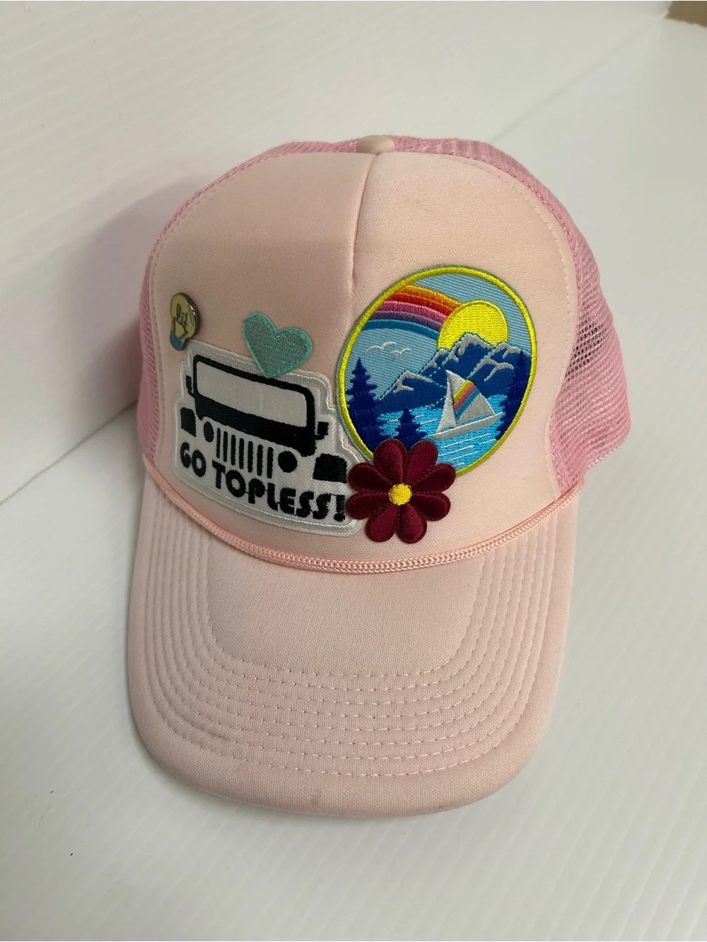 Go Topless Pink Patch Mesh Trucker Hat Mountian Scene Lit Lightbulb Pin